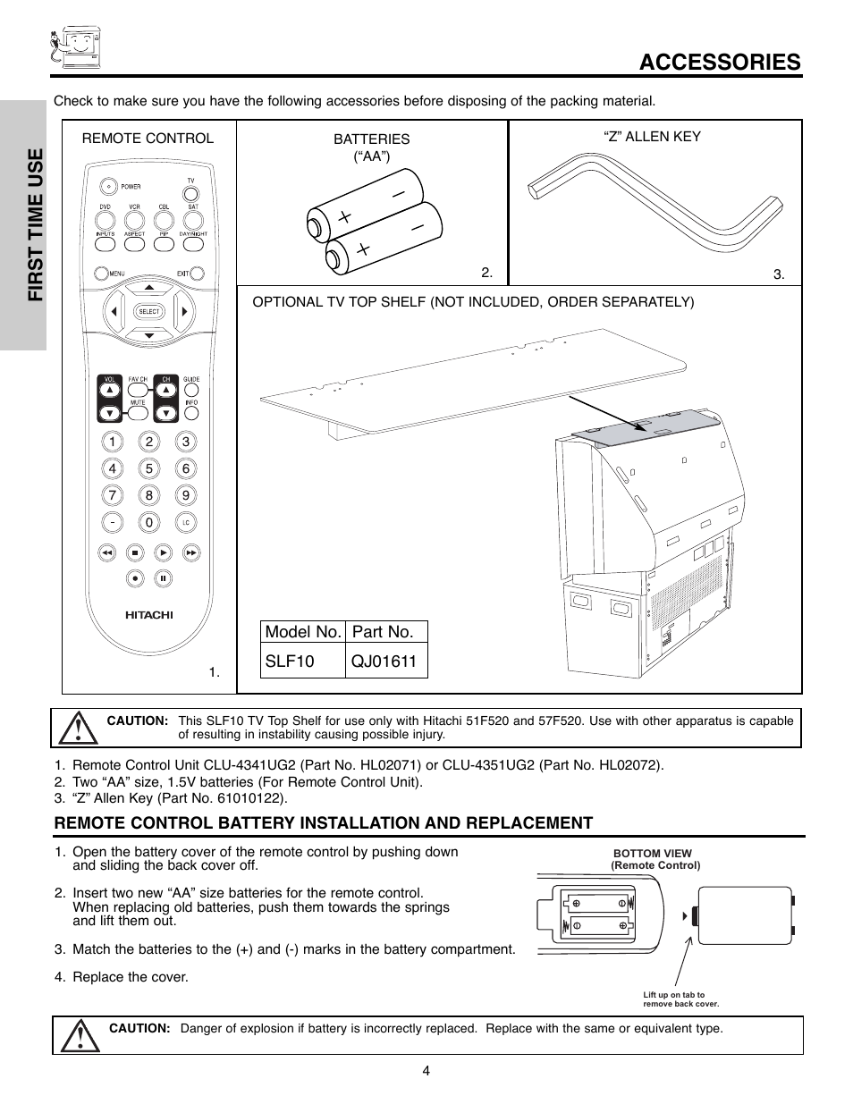 Accessories, First time use | Hitachi 51F520 User Manual | Page 4 / 80