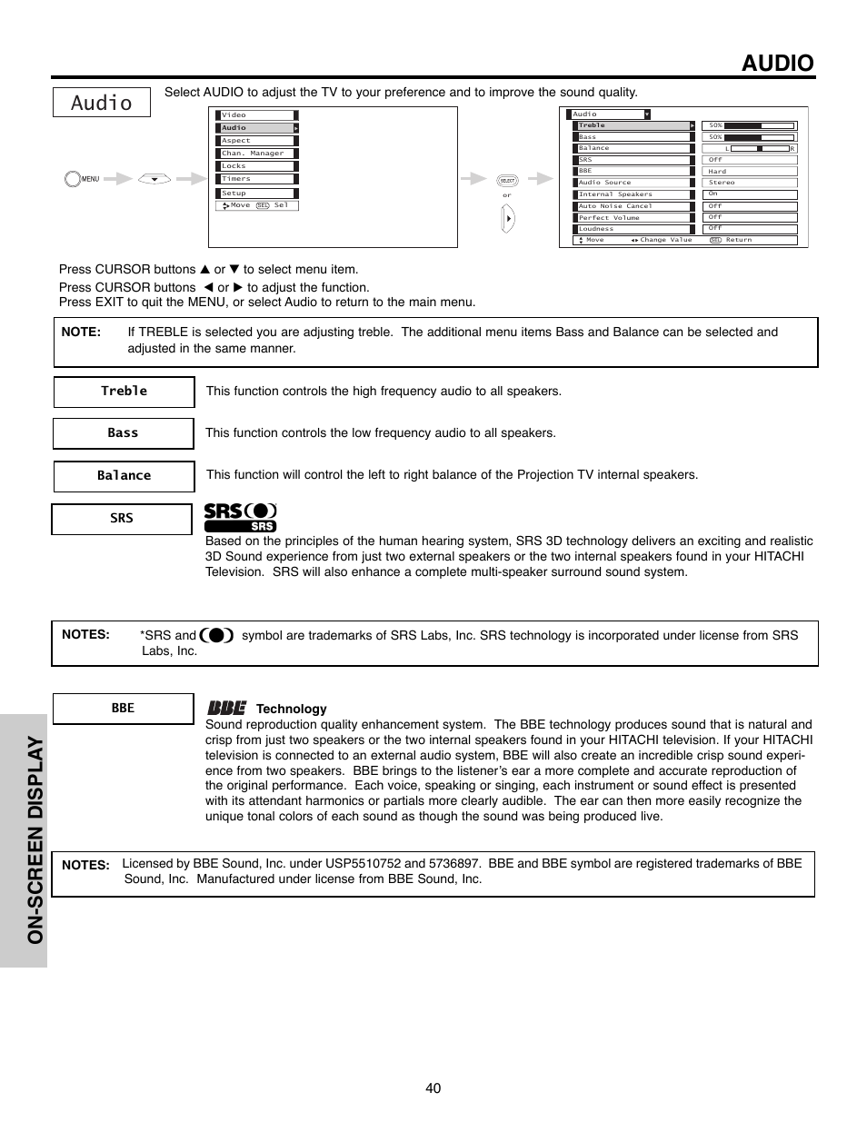 Audio, On-screen displa y | Hitachi 51F520 User Manual | Page 40 / 80