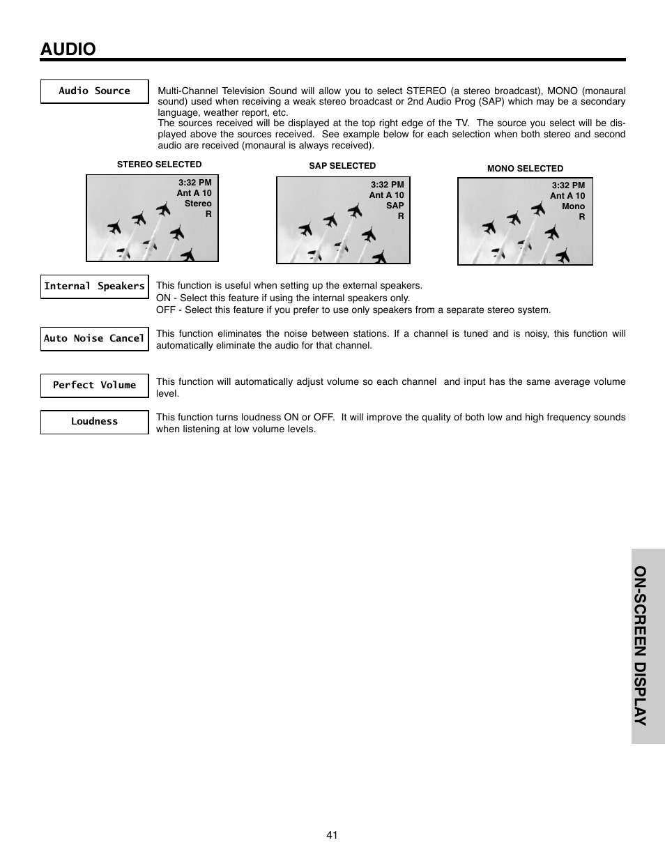 Audio, On-screen displa y | Hitachi 51F520 User Manual | Page 41 / 80