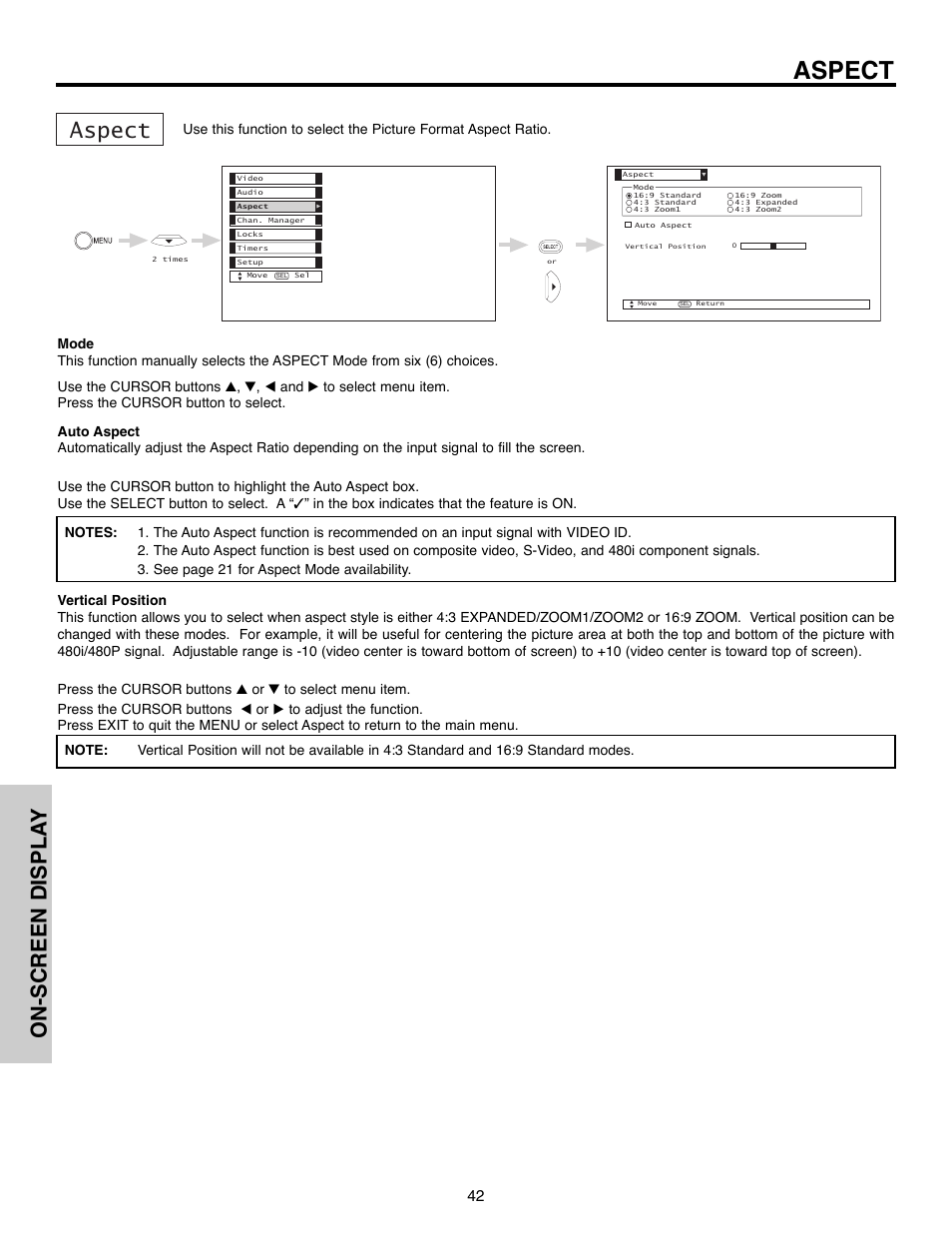 Aspect, On-screen displa y | Hitachi 51F520 User Manual | Page 42 / 80