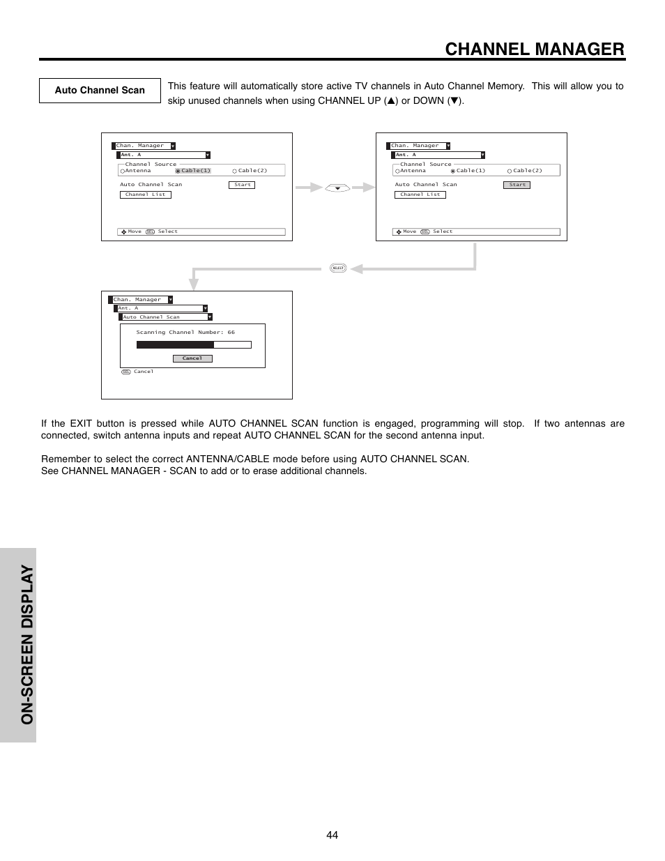 Channel manager, On-screen displa y | Hitachi 51F520 User Manual | Page 44 / 80