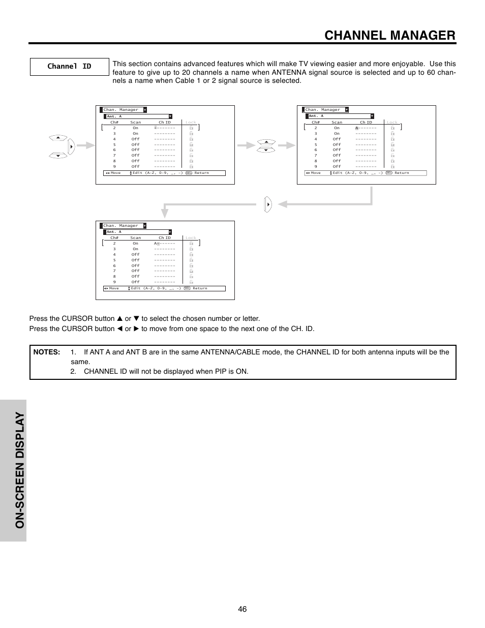 Channel manager, On-screen displa y | Hitachi 51F520 User Manual | Page 46 / 80