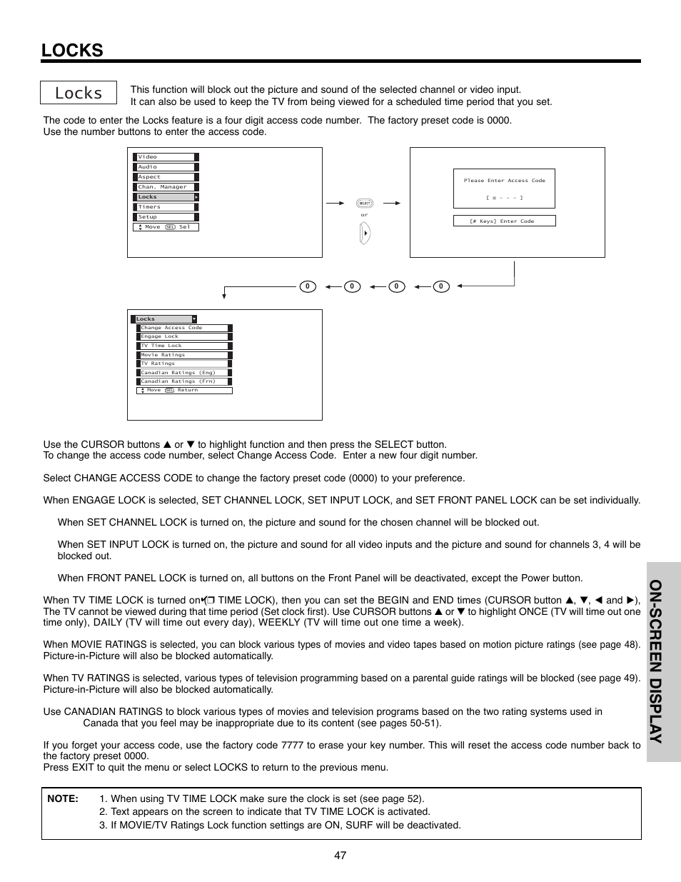 Locks, On-screen displa y | Hitachi 51F520 User Manual | Page 47 / 80