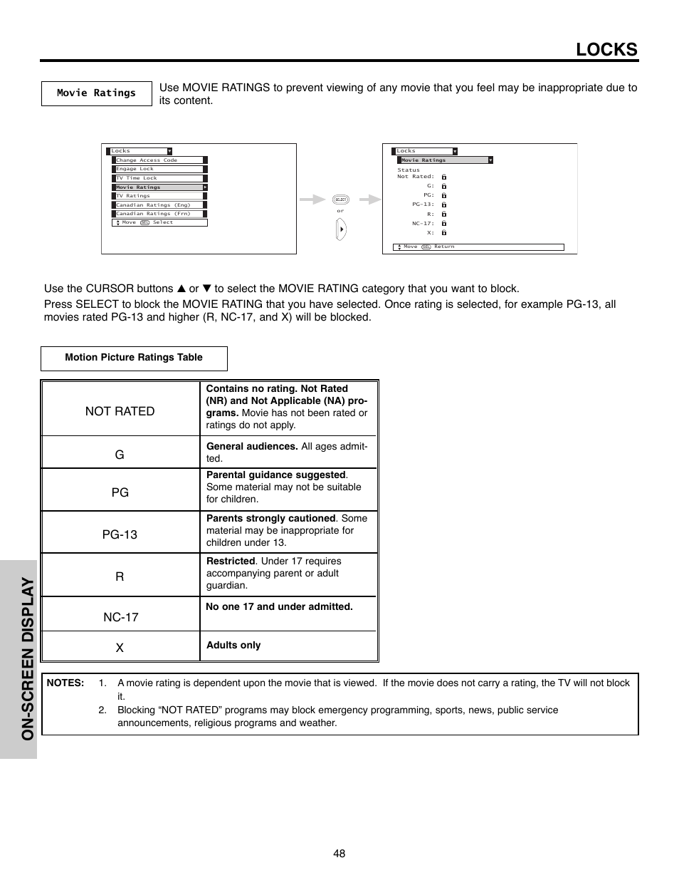 Locks, On-screen displa y, Gpg pg-13 r nc-17 x not rated | Hitachi 51F520 User Manual | Page 48 / 80