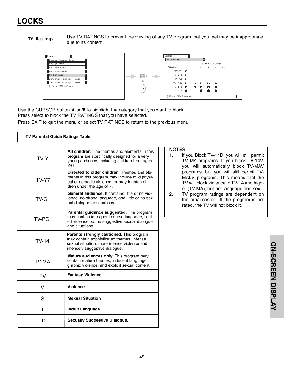 Locks, On-screen displa y, Tv-y tv-y7 tv-g tv-pg tv-14 tv-ma | Hitachi 51F520 User Manual | Page 49 / 80