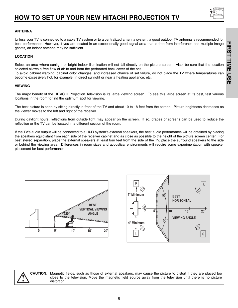 How to set up your new hitachi projection tv, First time use | Hitachi 51F520 User Manual | Page 5 / 80