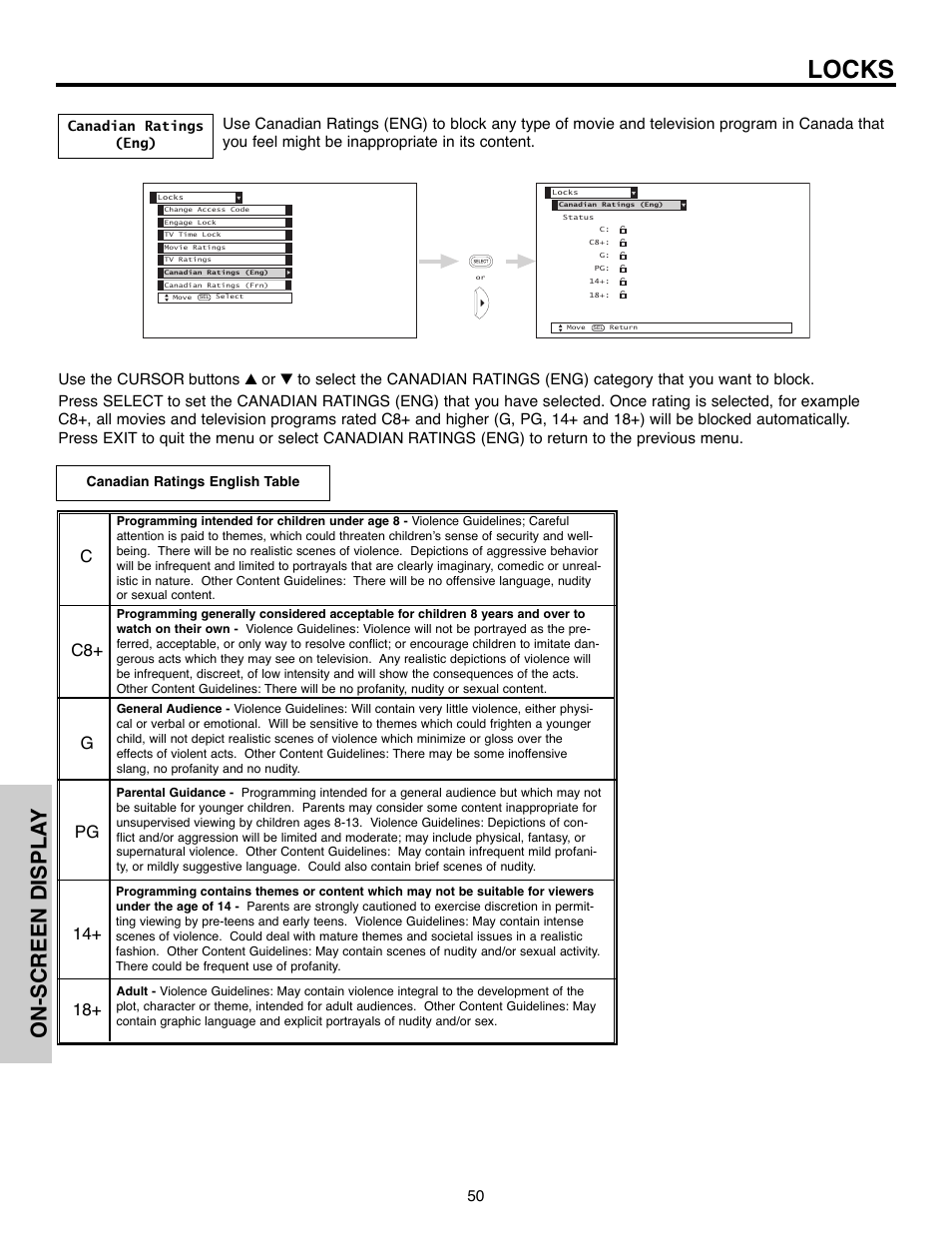 Locks, On-screen displa y | Hitachi 51F520 User Manual | Page 50 / 80
