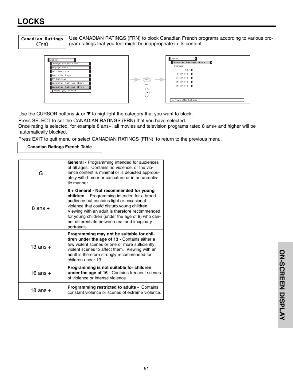 Locks, On-screen displa y | Hitachi 51F520 User Manual | Page 51 / 80