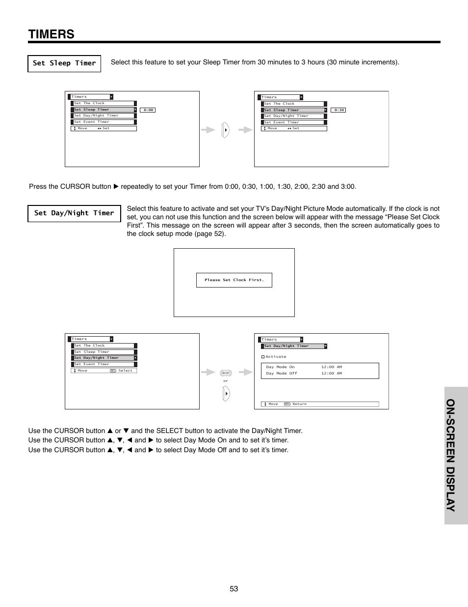 Timers, On-screen displa y | Hitachi 51F520 User Manual | Page 53 / 80