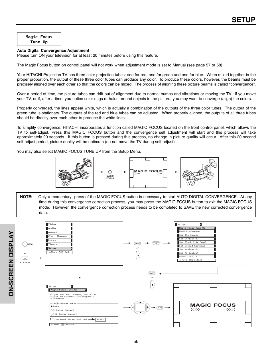 Setup, On-screen displa y, Magic focus | Hitachi 51F520 User Manual | Page 56 / 80