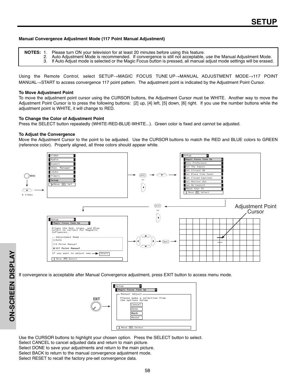 Setup, On-screen displa y, Adjustment point cursor | Hitachi 51F520 User Manual | Page 58 / 80