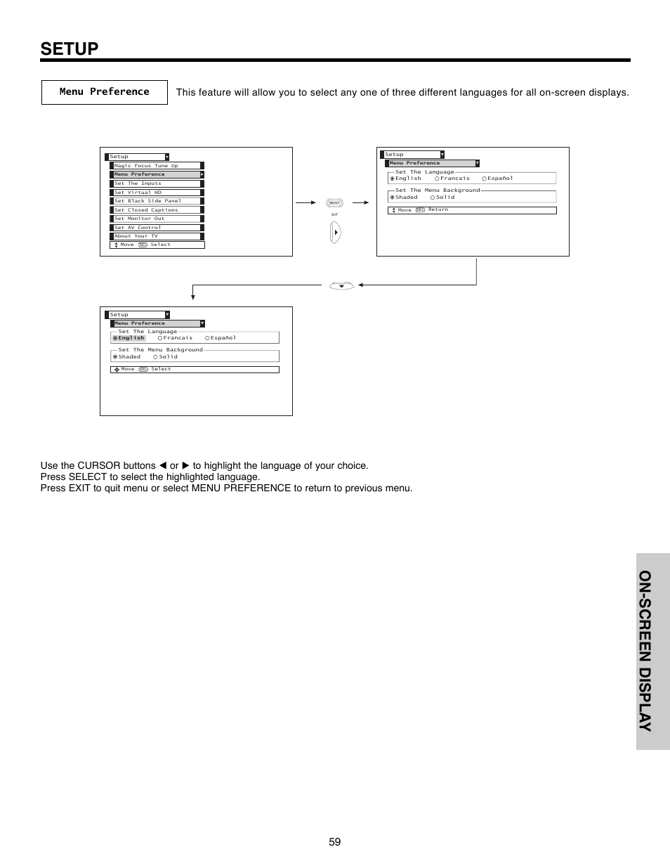 Setup, On-screen displa y | Hitachi 51F520 User Manual | Page 59 / 80