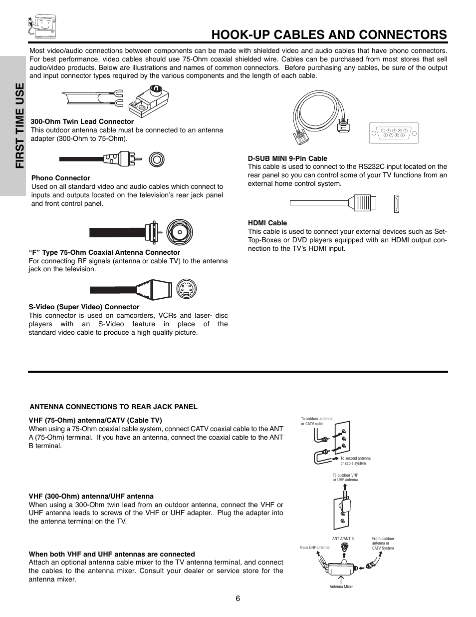 Hook-up cables and connectors, First time use | Hitachi 51F520 User Manual | Page 6 / 80