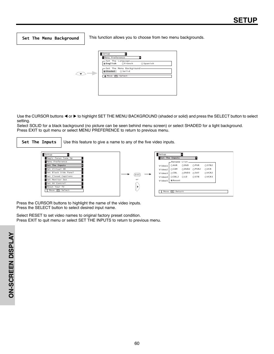 Setup, On-screen displa y | Hitachi 51F520 User Manual | Page 60 / 80