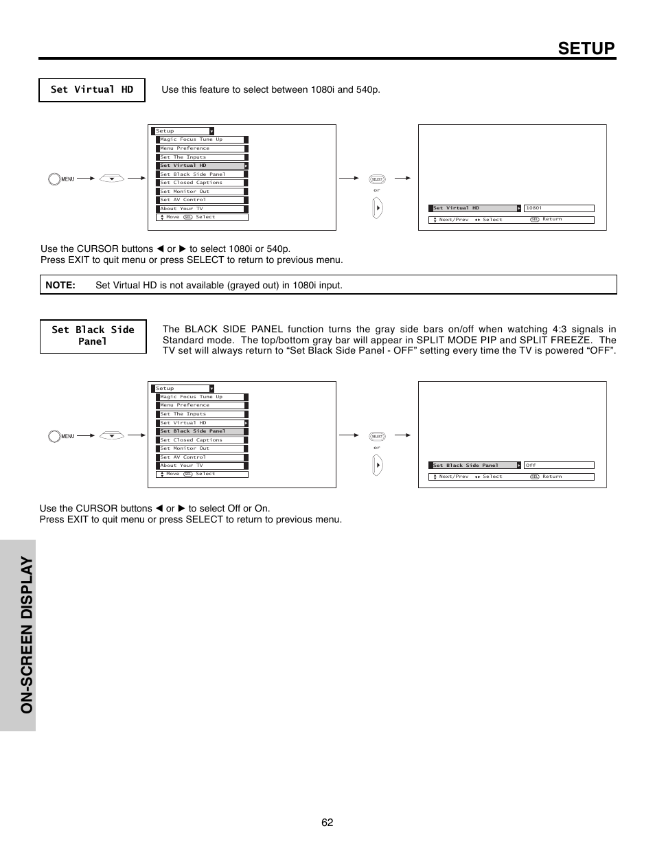 Setup, On-screen displa y | Hitachi 51F520 User Manual | Page 62 / 80
