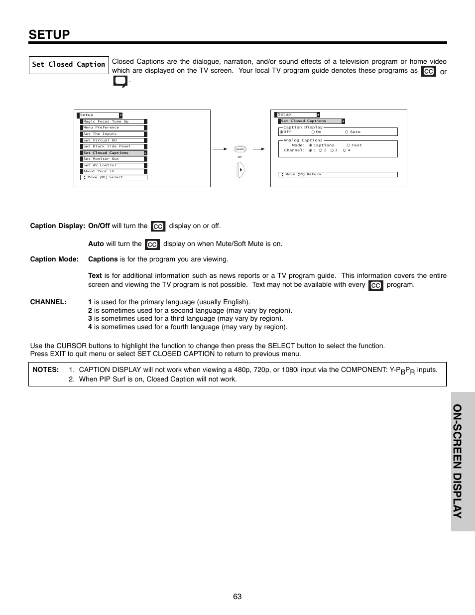 Setup, On-screen displa y, Set closed caption | Hitachi 51F520 User Manual | Page 63 / 80