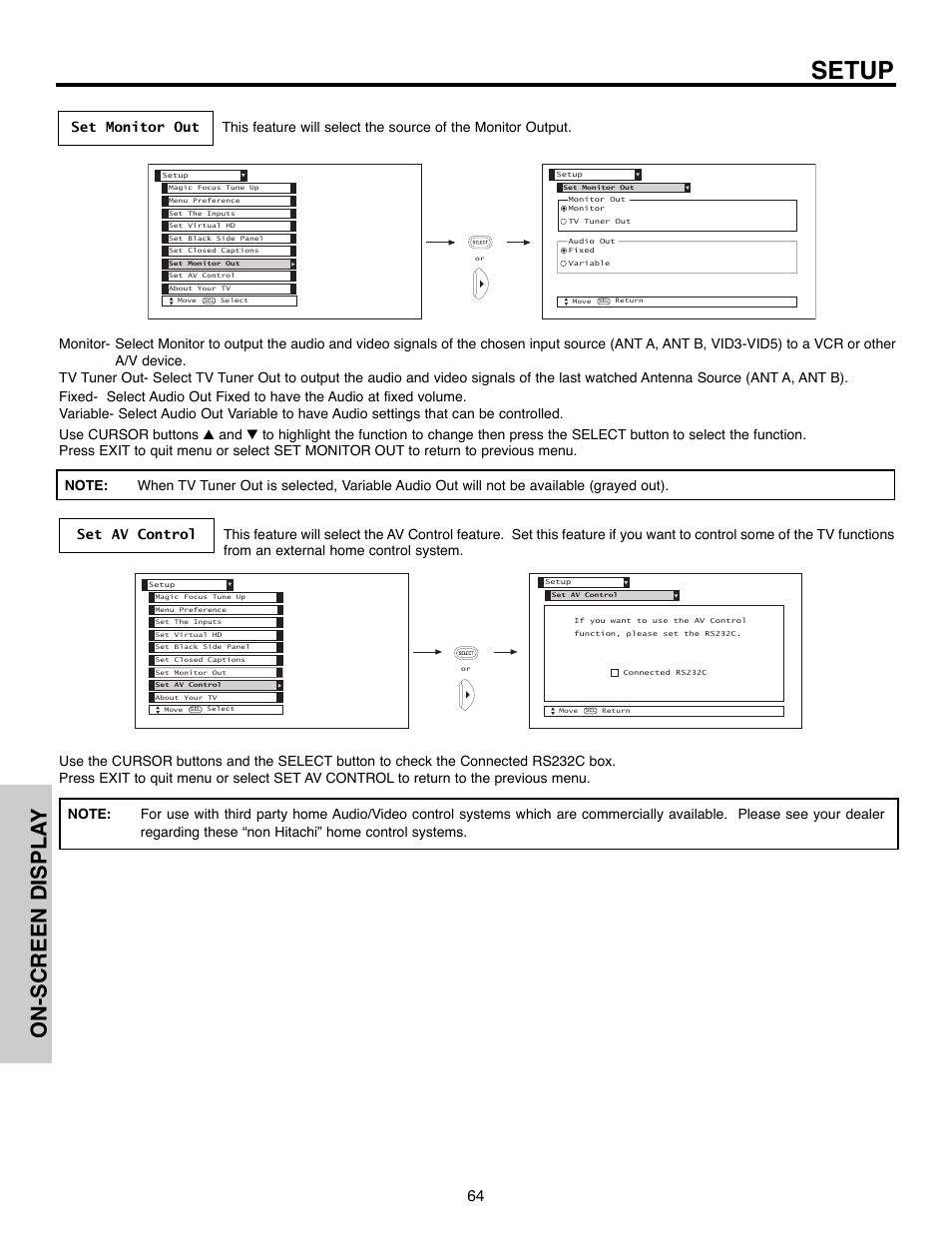 Setup, On-screen displa y | Hitachi 51F520 User Manual | Page 64 / 80
