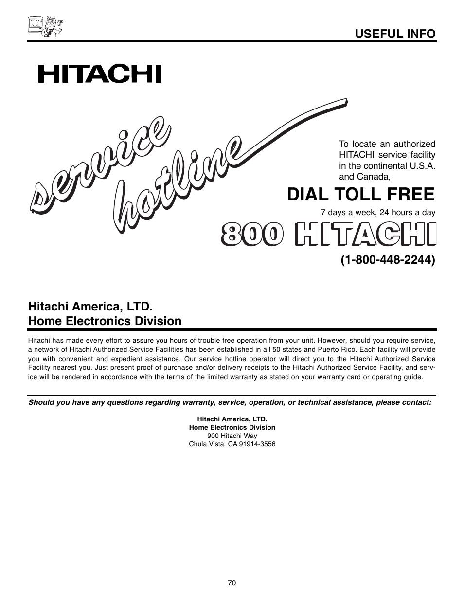 Dial toll free, Useful info, Hitachi america, ltd. home electronics division | Hitachi 51F520 User Manual | Page 70 / 80