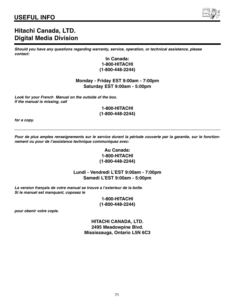 Useful info, Hitachi canada, ltd. digital media division | Hitachi 51F520 User Manual | Page 71 / 80
