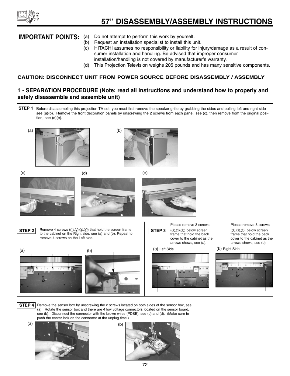 57” disassembly/assembly instructions, Important points | Hitachi 51F520 User Manual | Page 72 / 80