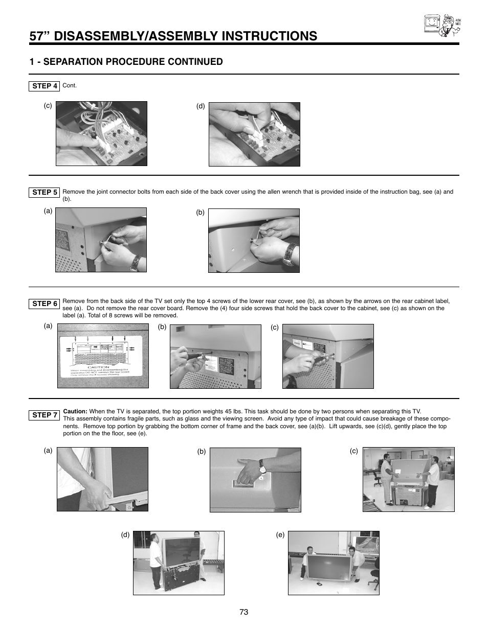 57” disassembly/assembly instructions, 1 - separation procedure continued | Hitachi 51F520 User Manual | Page 73 / 80