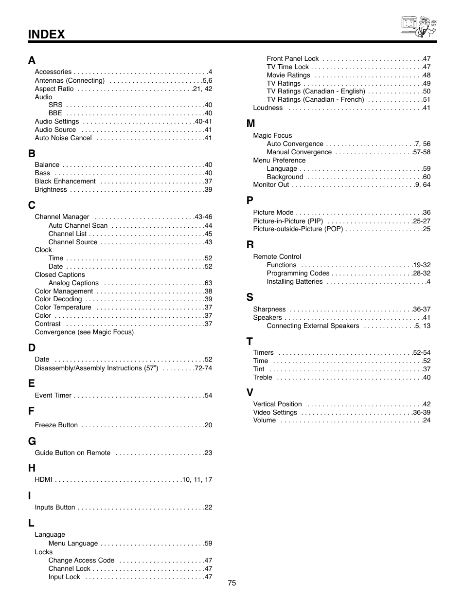 Index | Hitachi 51F520 User Manual | Page 75 / 80