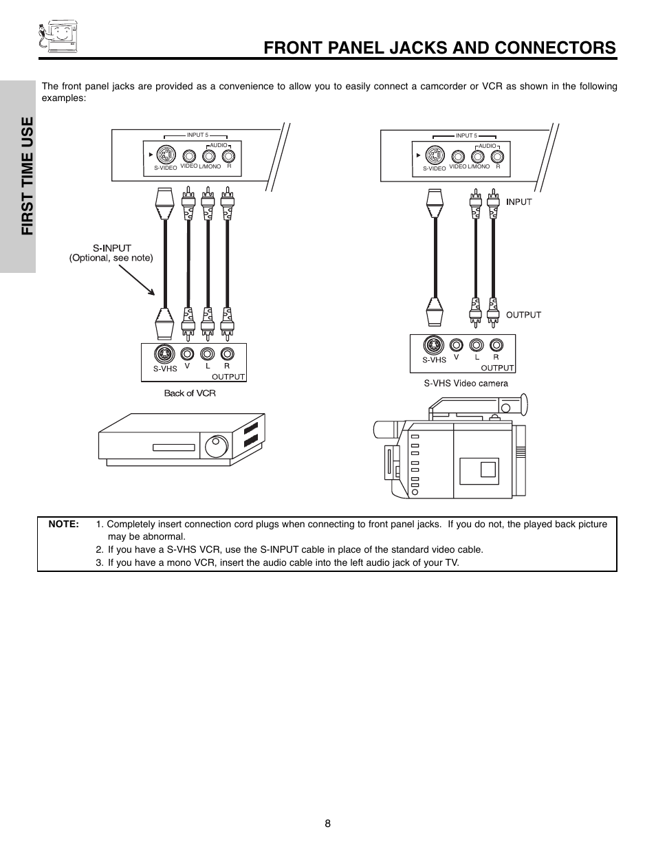 Front panel jacks and connectors, First time use | Hitachi 51F520 User Manual | Page 8 / 80