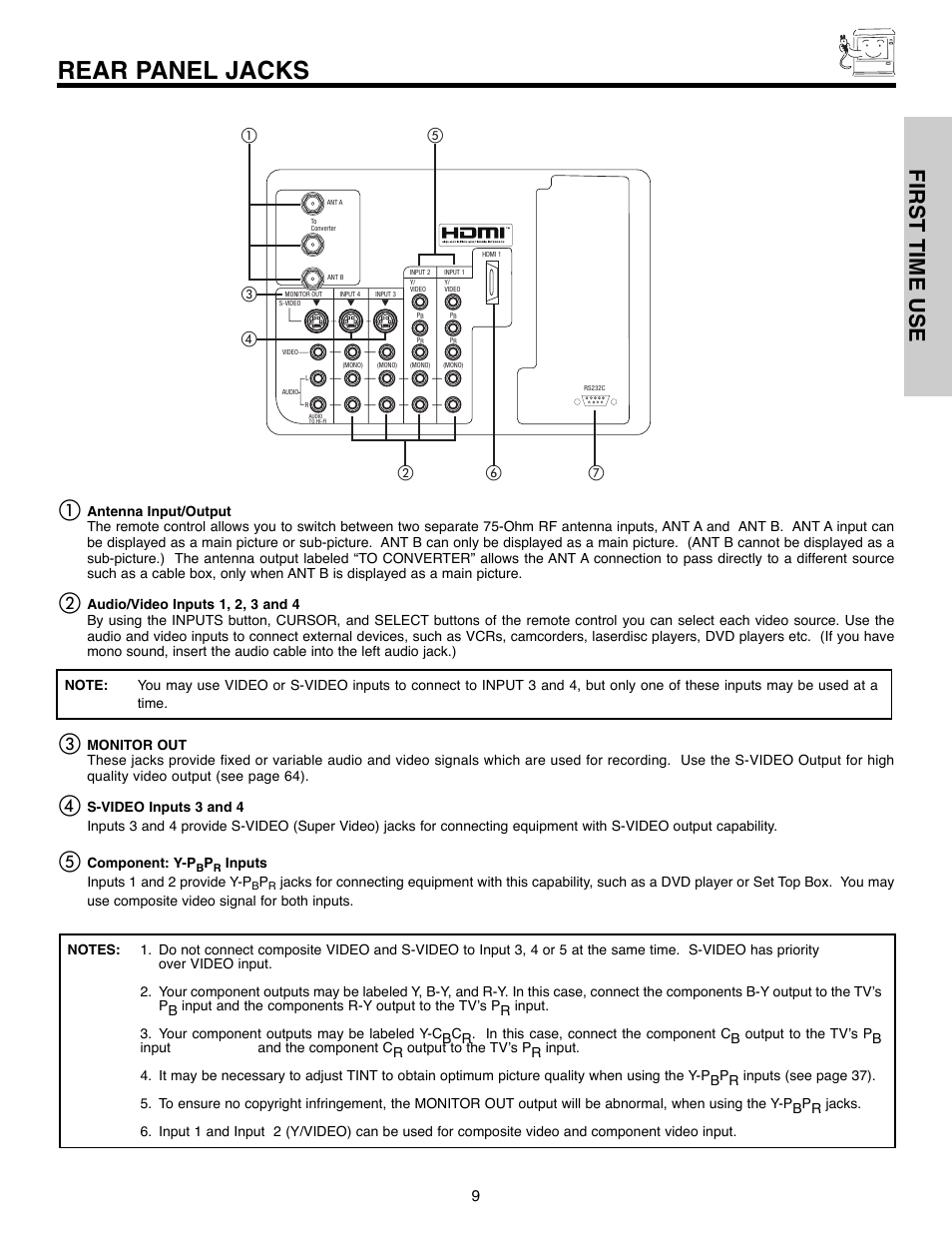 Rear panel jacks, First time use, Component: y-p | Inputs inputs 1 and 2 provide y-p | Hitachi 51F520 User Manual | Page 9 / 80
