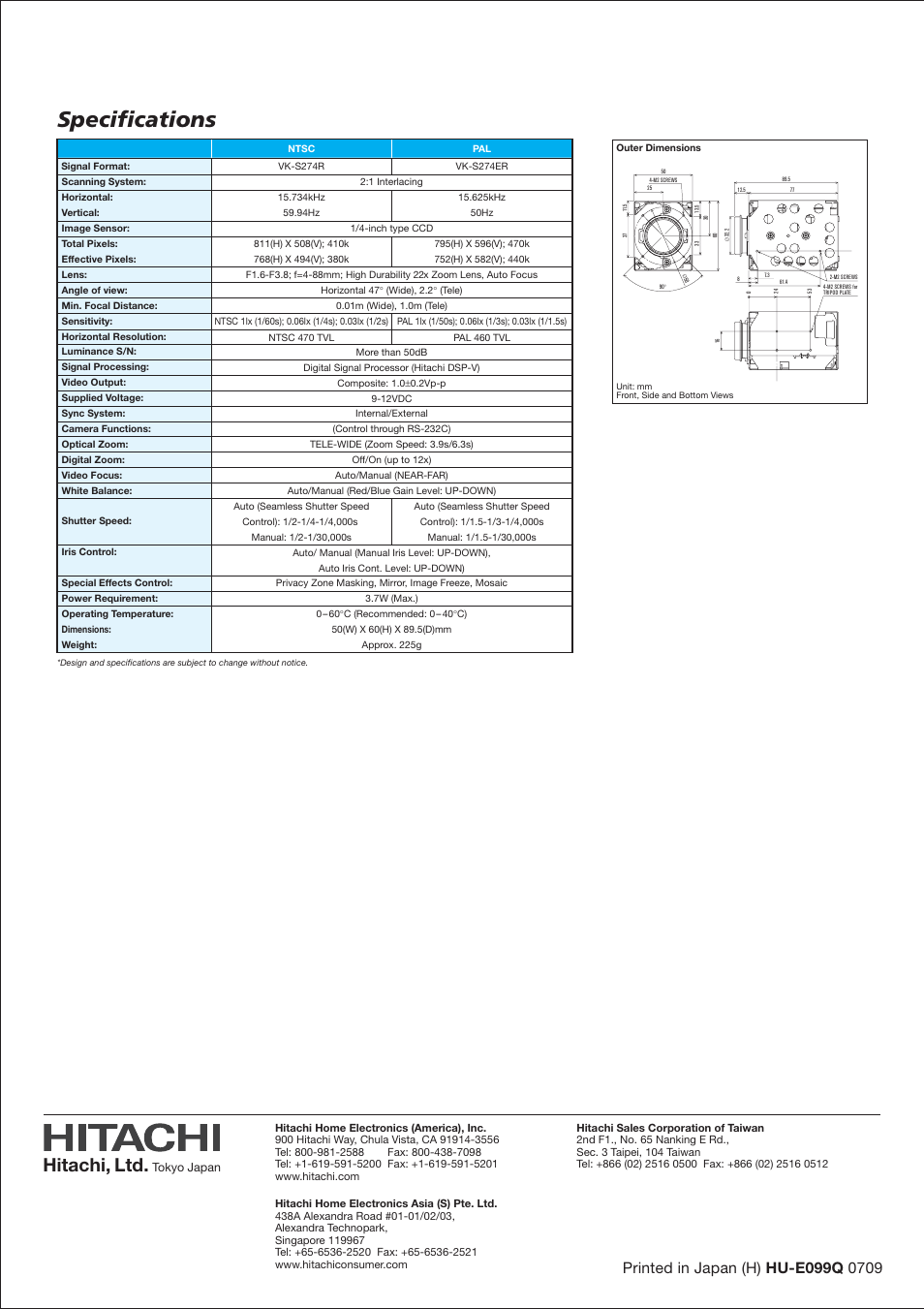 Specifications, Hitachi, ltd | Hitachi VK-S274R User Manual | Page 3 / 3