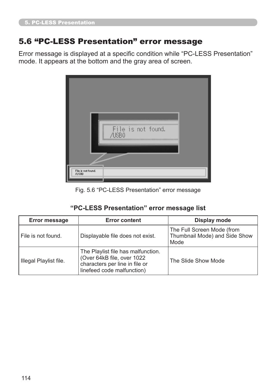 5 .6 “pc-less presentation” error message | Hitachi CP-X268A User Manual | Page 114 / 119