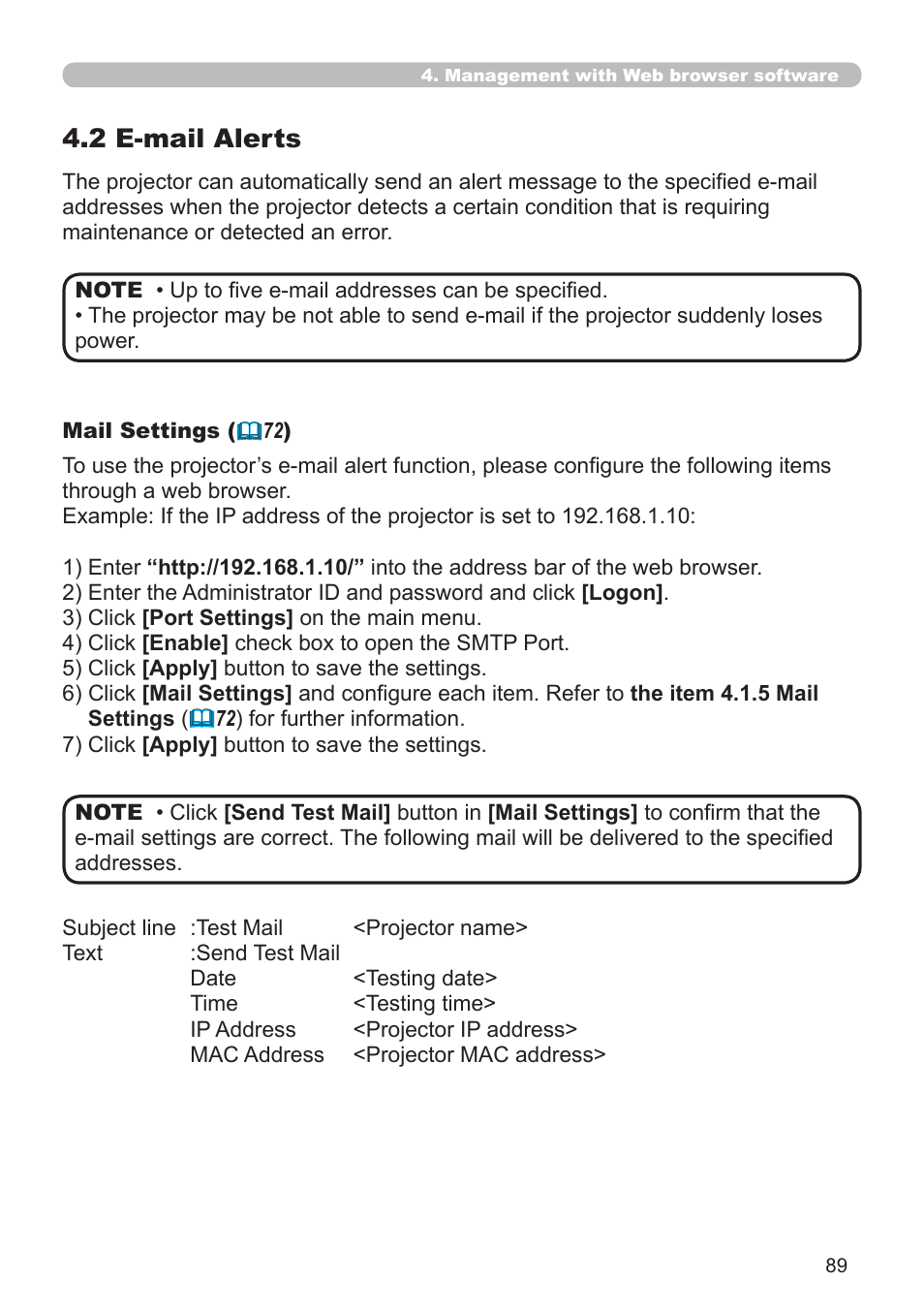 4 .2 e-mail alerts | Hitachi CP-X268A User Manual | Page 89 / 119