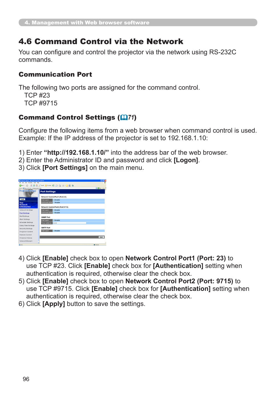 4 .6 command control via the network | Hitachi CP-X268A User Manual | Page 96 / 119