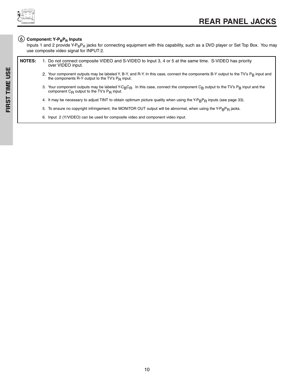 Rear panel jacks, First time use | Hitachi 53F300 User Manual | Page 10 / 64