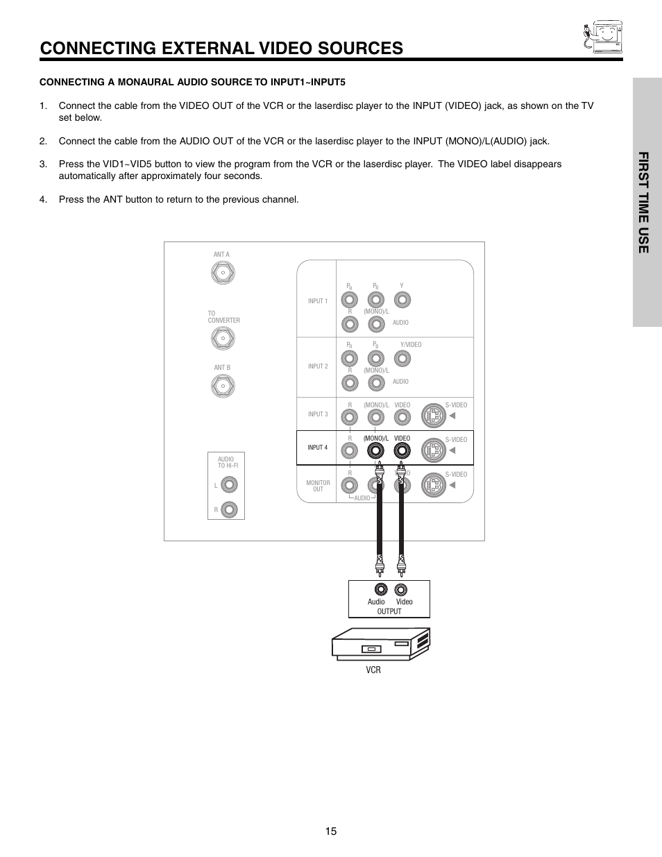 Connecting external video sources, First time use | Hitachi 53F300 User Manual | Page 15 / 64