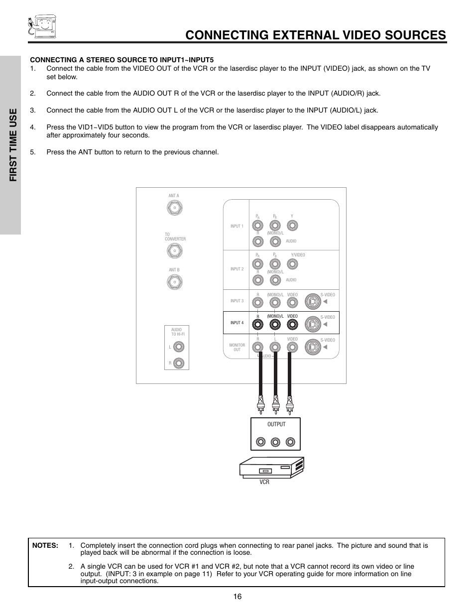Connecting external video sources, First time use | Hitachi 53F300 User Manual | Page 16 / 64