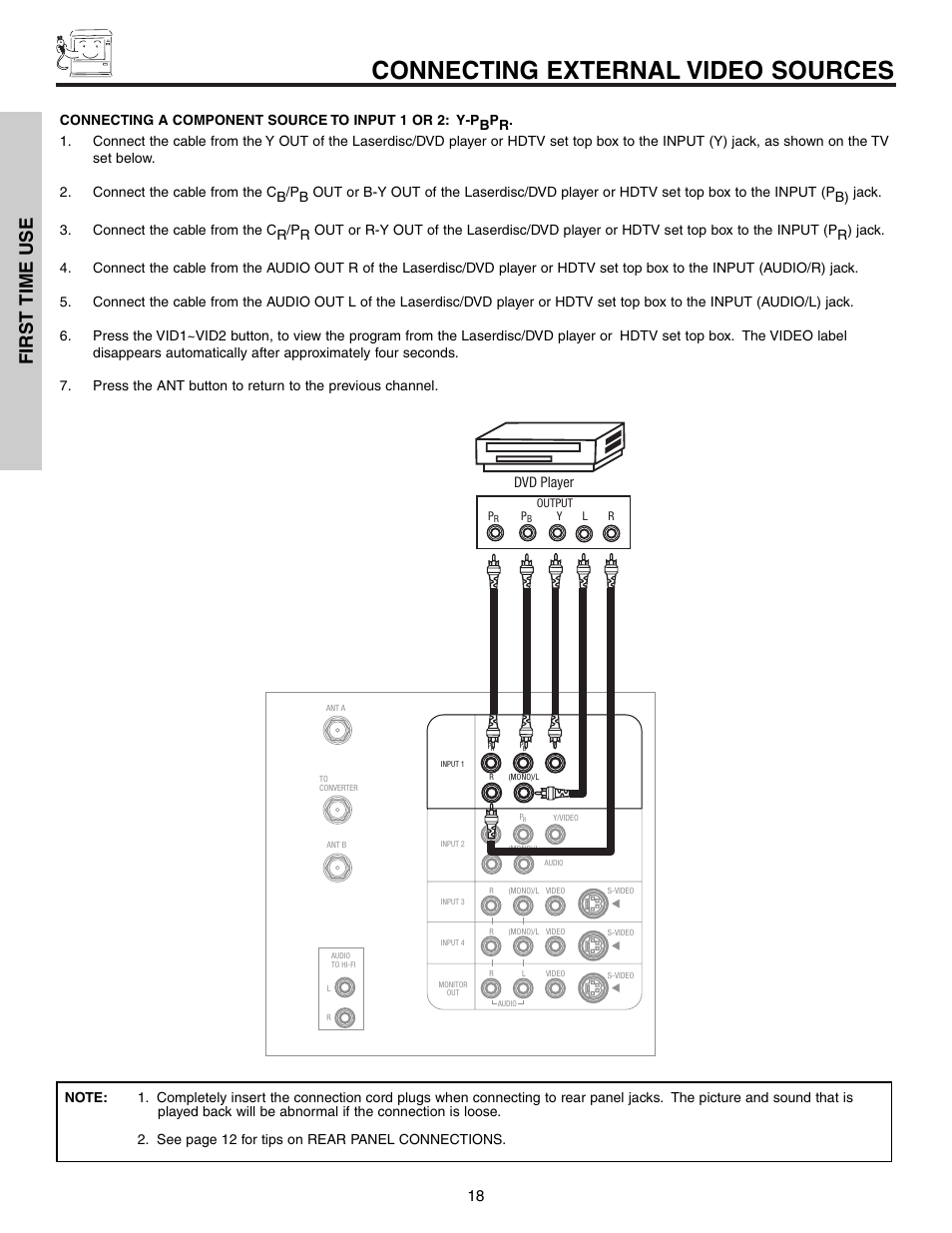 Connecting external video sources, First time use | Hitachi 53F300 User Manual | Page 18 / 64