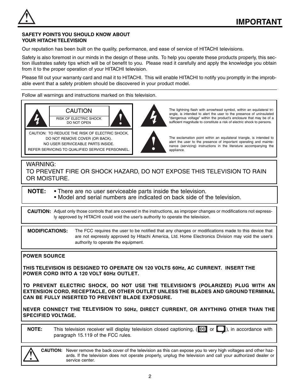 Important, Caution | Hitachi 53F300 User Manual | Page 2 / 64