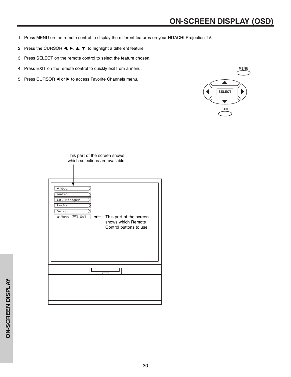 On-screen display (osd), On-screen displa y | Hitachi 53F300 User Manual | Page 30 / 64