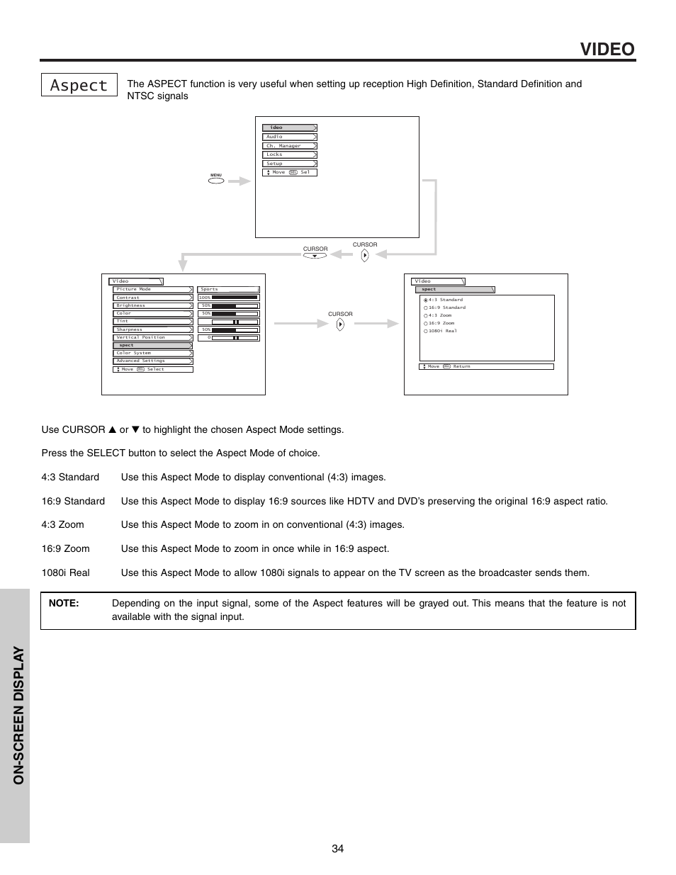 Video, Aspect, On-screen displa y | Hitachi 53F300 User Manual | Page 34 / 64