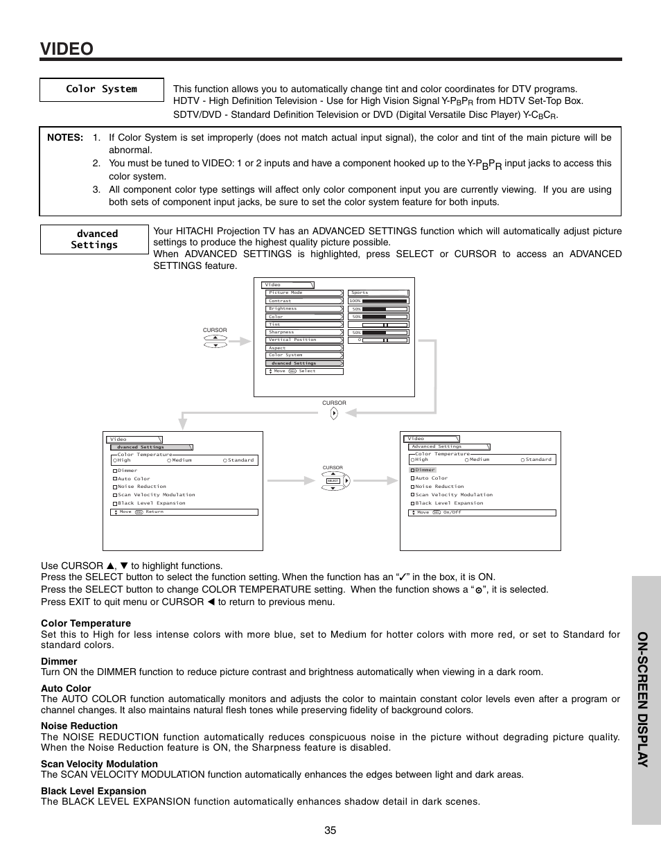 Video, On-screen displa y | Hitachi 53F300 User Manual | Page 35 / 64