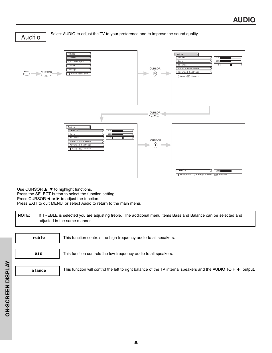 Audio, On-screen displa y | Hitachi 53F300 User Manual | Page 36 / 64