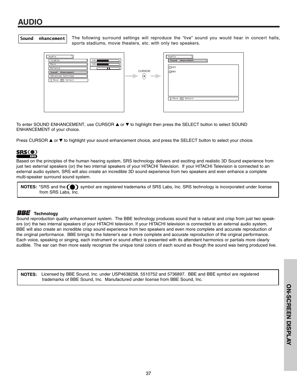 Audio, On-screen displa y | Hitachi 53F300 User Manual | Page 37 / 64