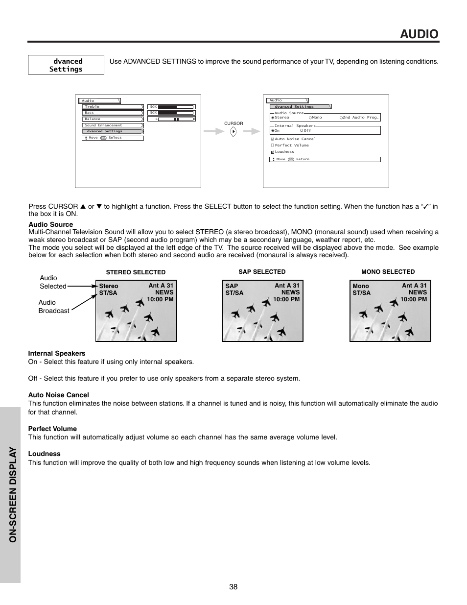 Audio, On-screen displa y, Audio selected audio broadcast | Hitachi 53F300 User Manual | Page 38 / 64