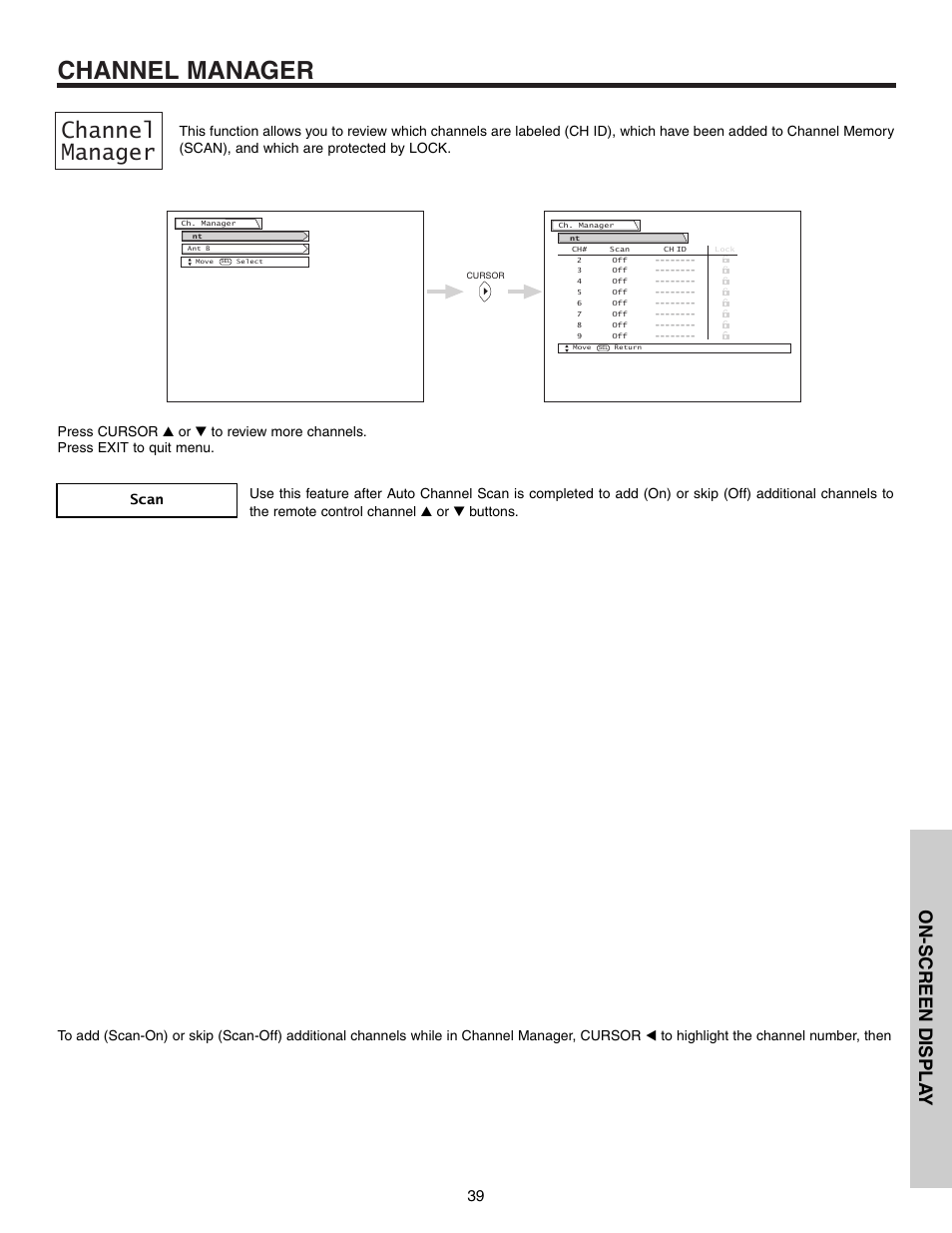 Channel manager, On-screen displa y | Hitachi 53F300 User Manual | Page 39 / 64
