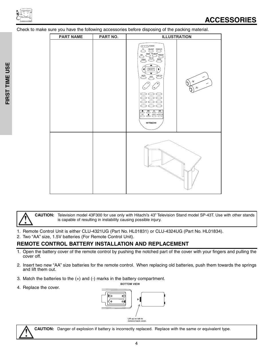 Accessories, First time use | Hitachi 53F300 User Manual | Page 4 / 64