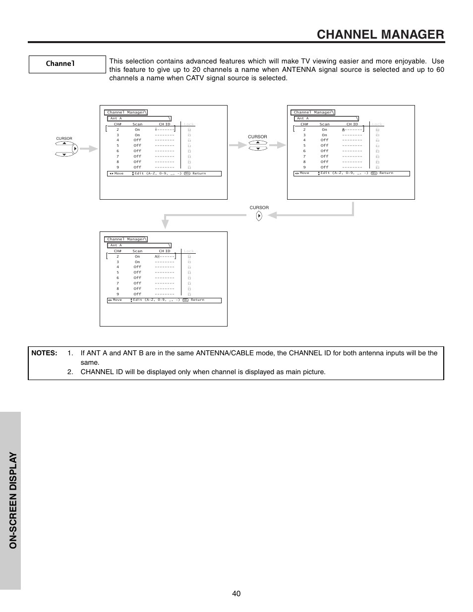 Channel manager, On-screen displa y | Hitachi 53F300 User Manual | Page 40 / 64