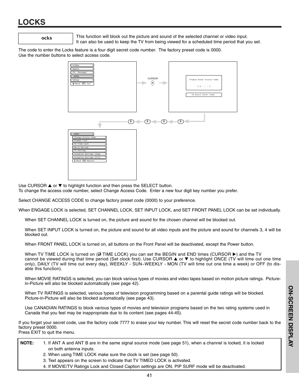 Locks, On-screen displa y | Hitachi 53F300 User Manual | Page 41 / 64