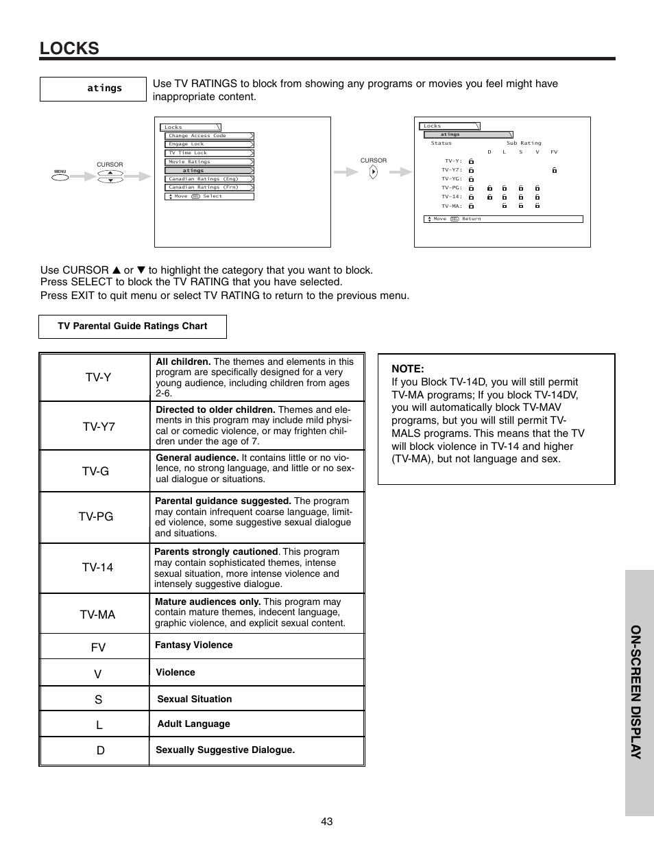 Locks, On-screen displa y, Tv-y tv-y7 tv-g tv-pg tv-14 tv-ma | Hitachi 53F300 User Manual | Page 43 / 64