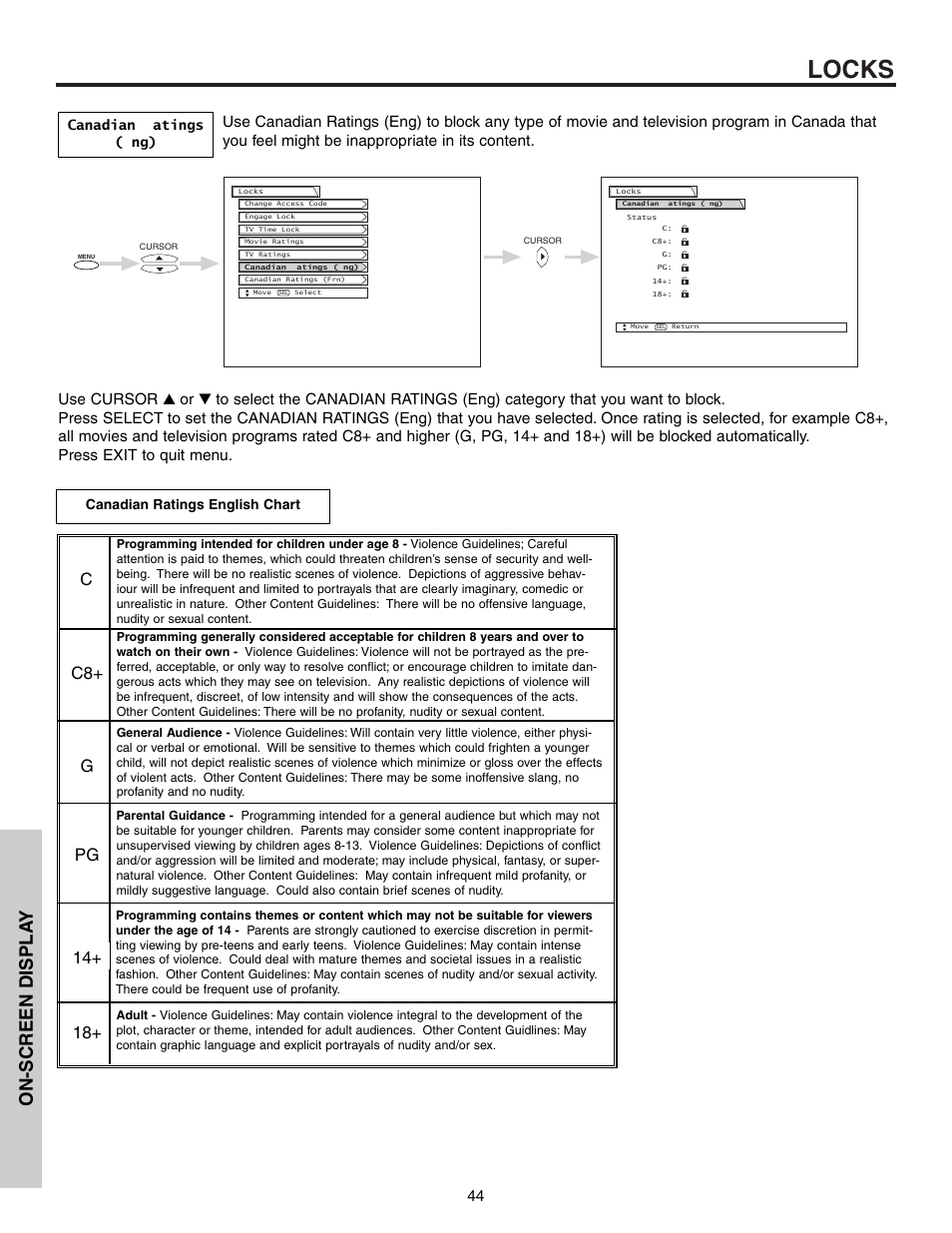 Locks, On-screen displa y, Canadian ratings (eng) | Canadian ratings english chart | Hitachi 53F300 User Manual | Page 44 / 64