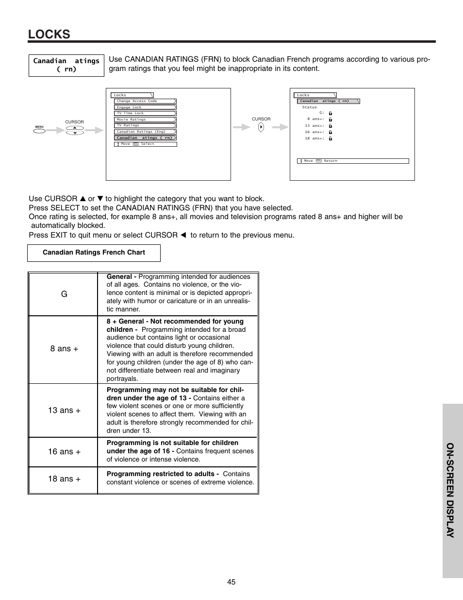 Locks, On-screen displa y | Hitachi 53F300 User Manual | Page 45 / 64